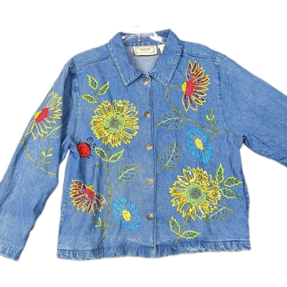 Vintage Tantrums Embroidered Sunflower Denim Jacket Womens Small Sequins Floral